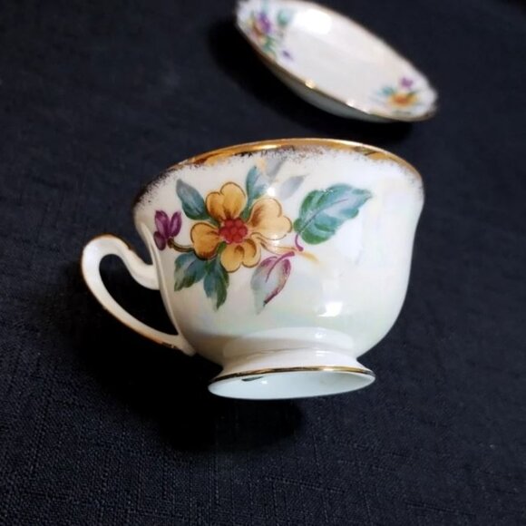Vintage Porcelain Norcrest Japan Floral Iridescent Teacup and Saucer Set - Picture 7 of 13